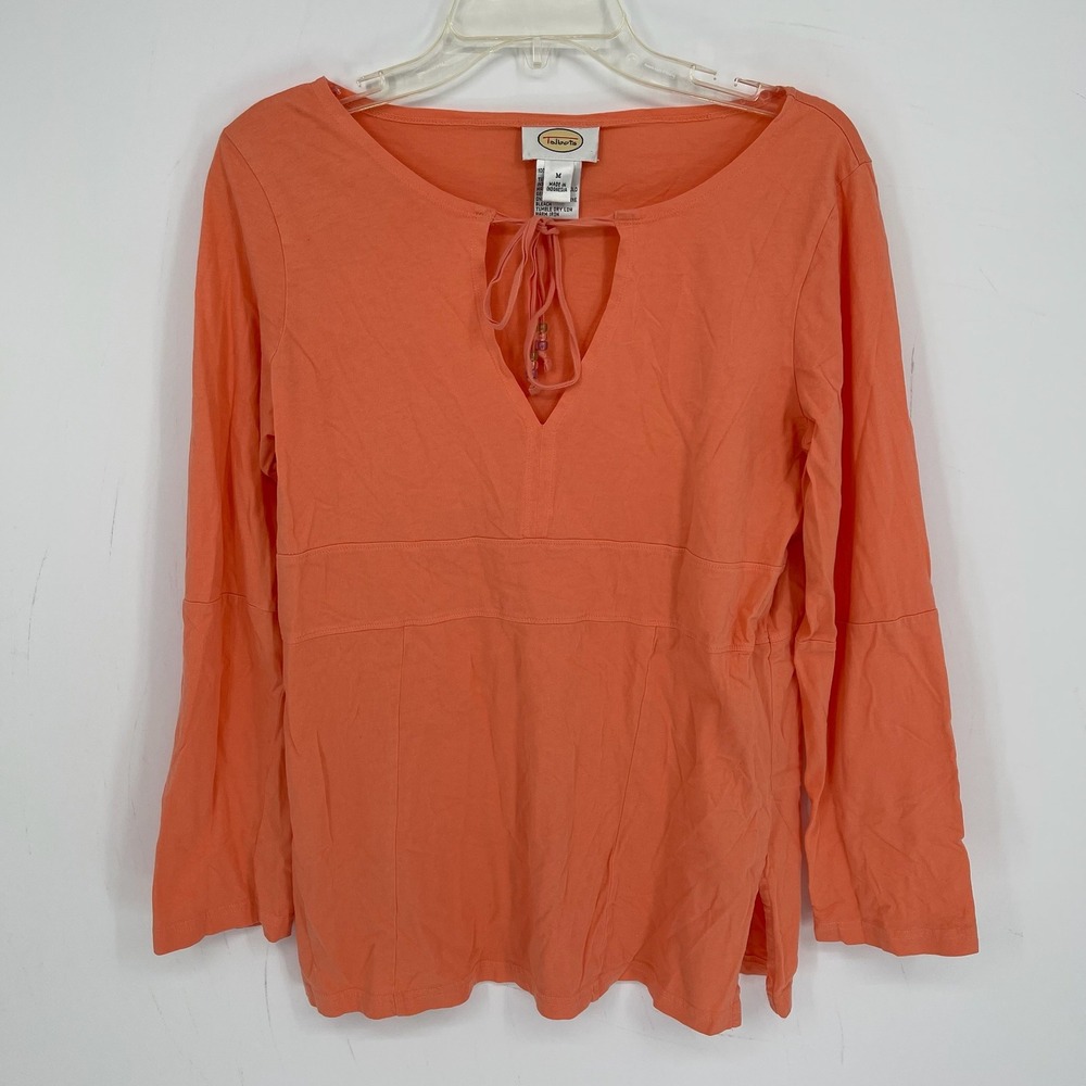 Talbots Women's Orange Beaded Keyhole Tie Long Sleeve Peasant Boho Top Size M